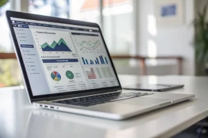 Laptop displaying a branded URL shortener interface with vibrant graphs and analytics on a modern desk, showcasing real-time data analysis.