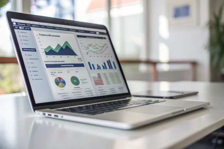 Laptop displaying a branded URL shortener interface with vibrant graphs and analytics on a modern desk, showcasing real-time data analysis.