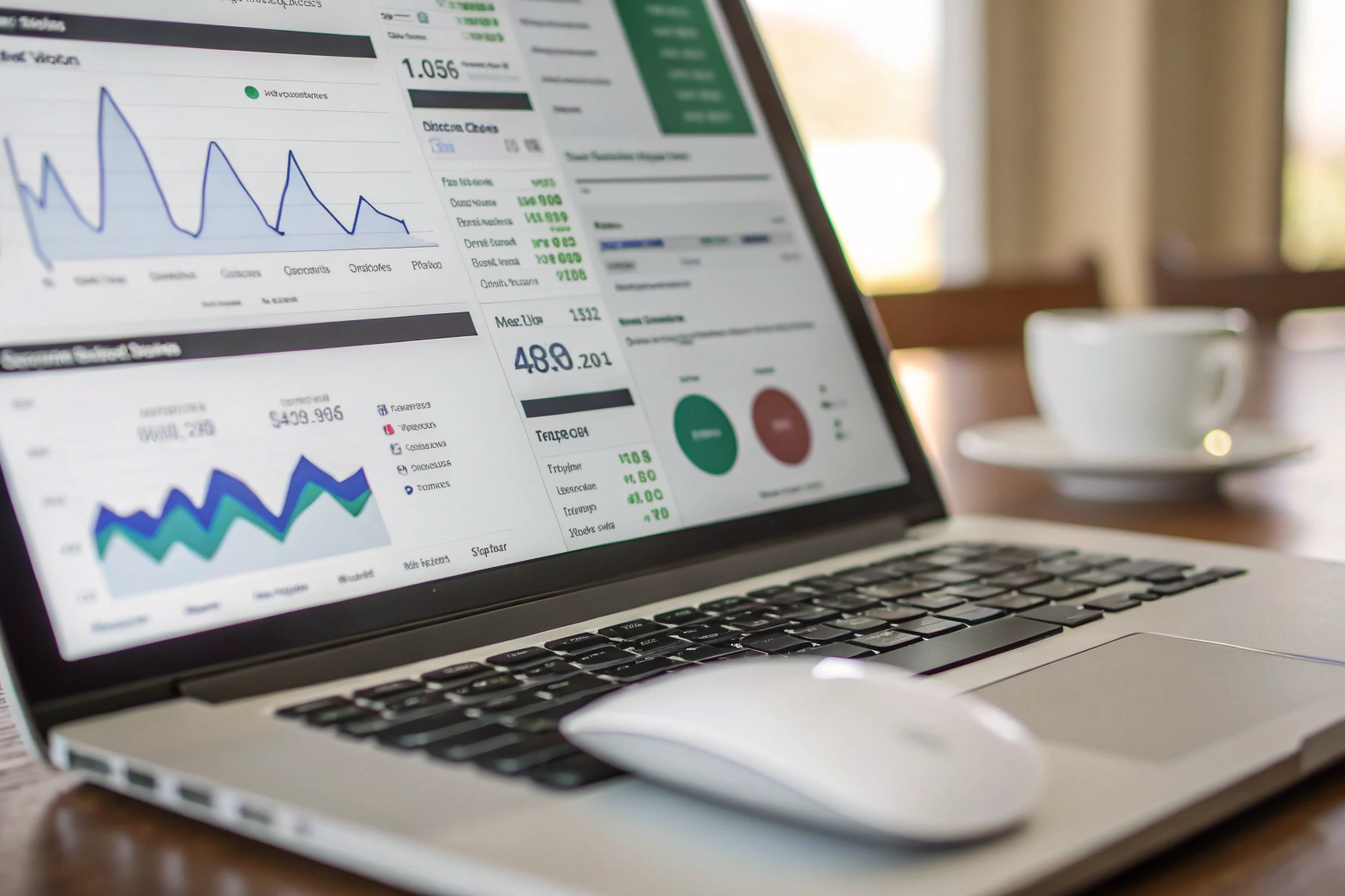 Digital marketing dashboard showing analytics metrics with dynamic charts and graphs, soft lighting, and blurred keyboard and mouse in the foreground.