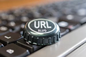 A branded URL slug illuminated by atmospheric backlighting in a blurred digital landscape, symbolizing innovation in internet technologies with a sleek and modern design.