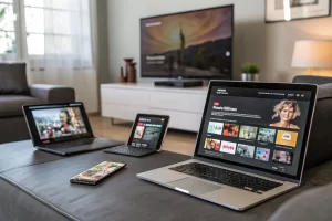 A modern living room featuring a smartphone, tablet, laptop, and smart TV displaying a synchronized marketing campaign, illuminated by soft lighting to highlight their interconnectedness.