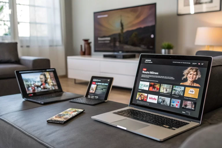A modern living room featuring a smartphone, tablet, laptop, and smart TV displaying a synchronized marketing campaign, illuminated by soft lighting to highlight their interconnectedness.
