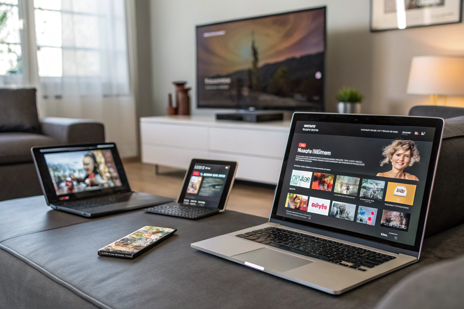 A modern living room featuring a smartphone, tablet, laptop, and smart TV displaying a synchronized marketing campaign, illuminated by soft lighting to highlight their interconnectedness.