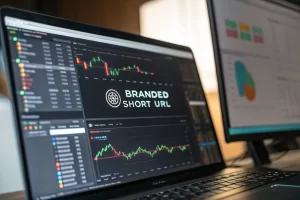 Digital marketing dashboard displaying a branded short URL amidst colorful analytics and tracking data, with a focus on clarity and precision in data analysis.