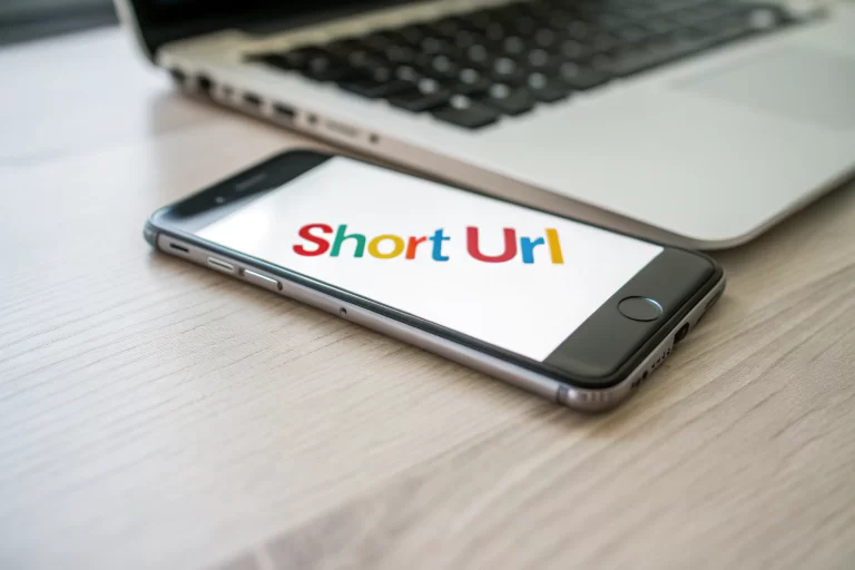 Close-up of a smartphone displaying a vibrant branded short URL, set against a blurred office desk background. The image emphasizes technology and digital marketing.