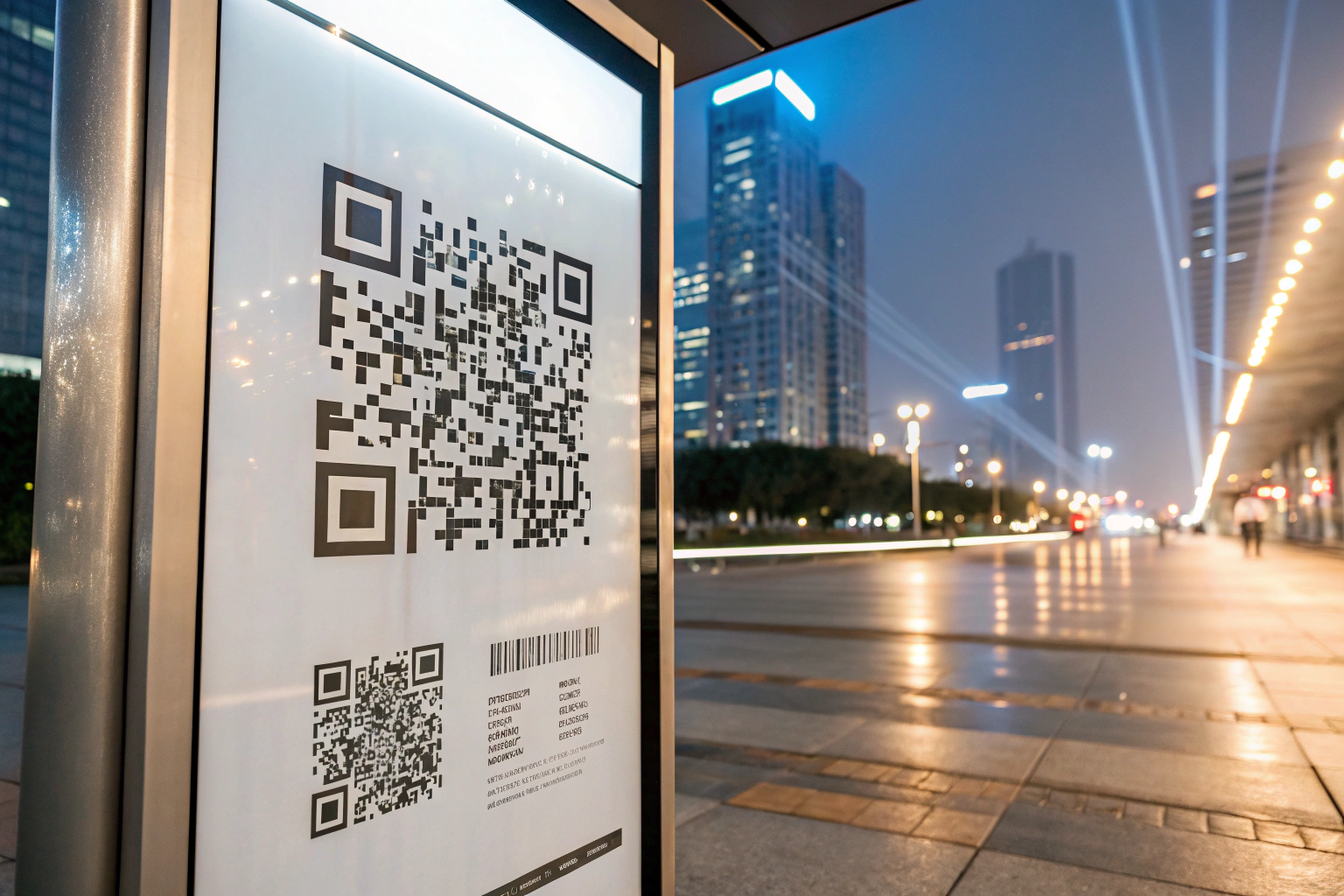 A digital QR code prominently displayed on a modern advertisement board, surrounded by a faint futuristic cityscape background, illuminated with atmospheric backlighting, symbolizing the integration of offline and online connectivity.