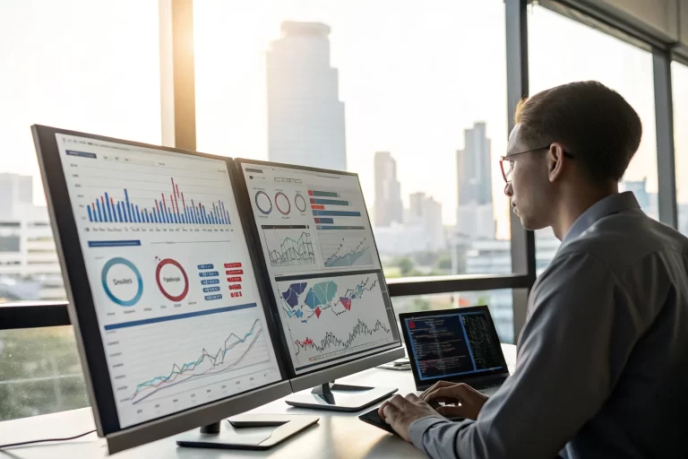 A modern office environment with multiple screens displaying branded URL analytics. The office has a view of a city skyline through large windows, with soft lighting enhancing the data visualizations. The focus is on the intricate analytics interface.