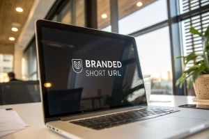 A sleek computer screen in a business office displaying a clear branded short URL with natural light illuminating the scene.