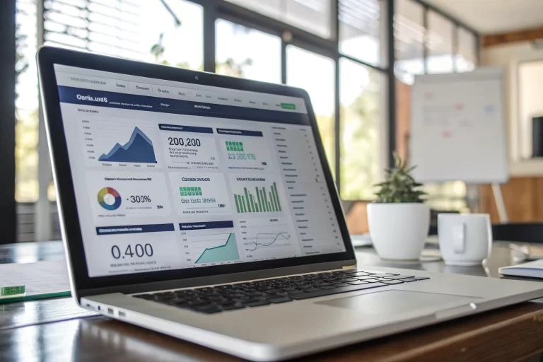 Computer screen displaying a digital marketing dashboard with branded short links, graphs, and charts in a modern office setting.