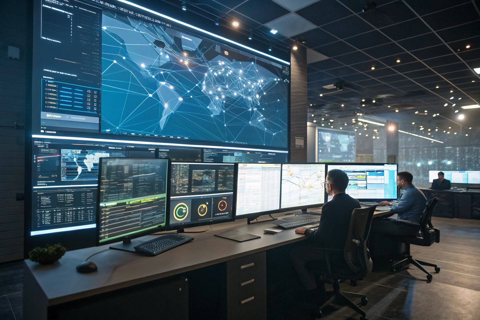 A high-tech digital campaign control center with multiple screens displaying analytics, graphs, and charts, emphasizing innovation and efficiency in smart link automation. The image captures a technologically sophisticated environment with sharp lighting and intricate network textures.