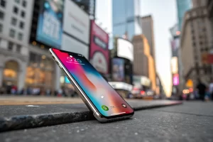 A modern smartphone with a vibrant display, featuring a metallic finish and glass screen, set against a blurred backdrop of a bustling city.