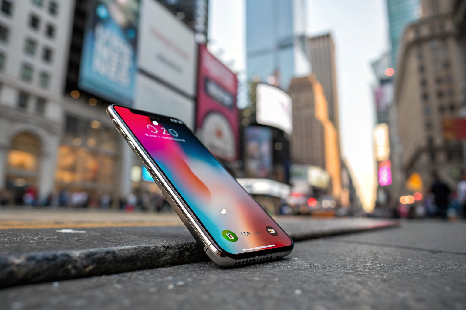 A modern smartphone with a vibrant display, featuring a metallic finish and glass screen, set against a blurred backdrop of a bustling city.