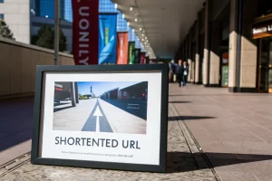 Conceptual visual representation of a shortened URL in a digital marketing setting, featuring a straight line leading to a colorful digital destination, framed by elements indicating an online environment.