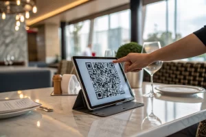 A close-up of a sleek digital device displaying a QR code on a restaurant table, with a blurred elegant background and a hand reaching towards the screen to scan the code.