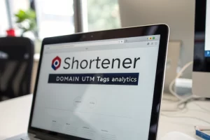 Close-up image of a photorealistic computer screen showing a sleek URL shortener interface with customizable options, framed by a blurred modern office desk background.