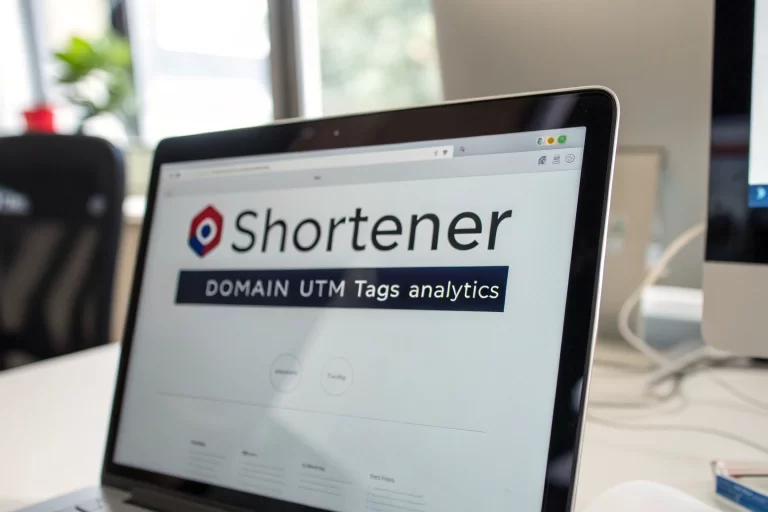 Close-up image of a photorealistic computer screen showing a sleek URL shortener interface with customizable options, framed by a blurred modern office desk background.
