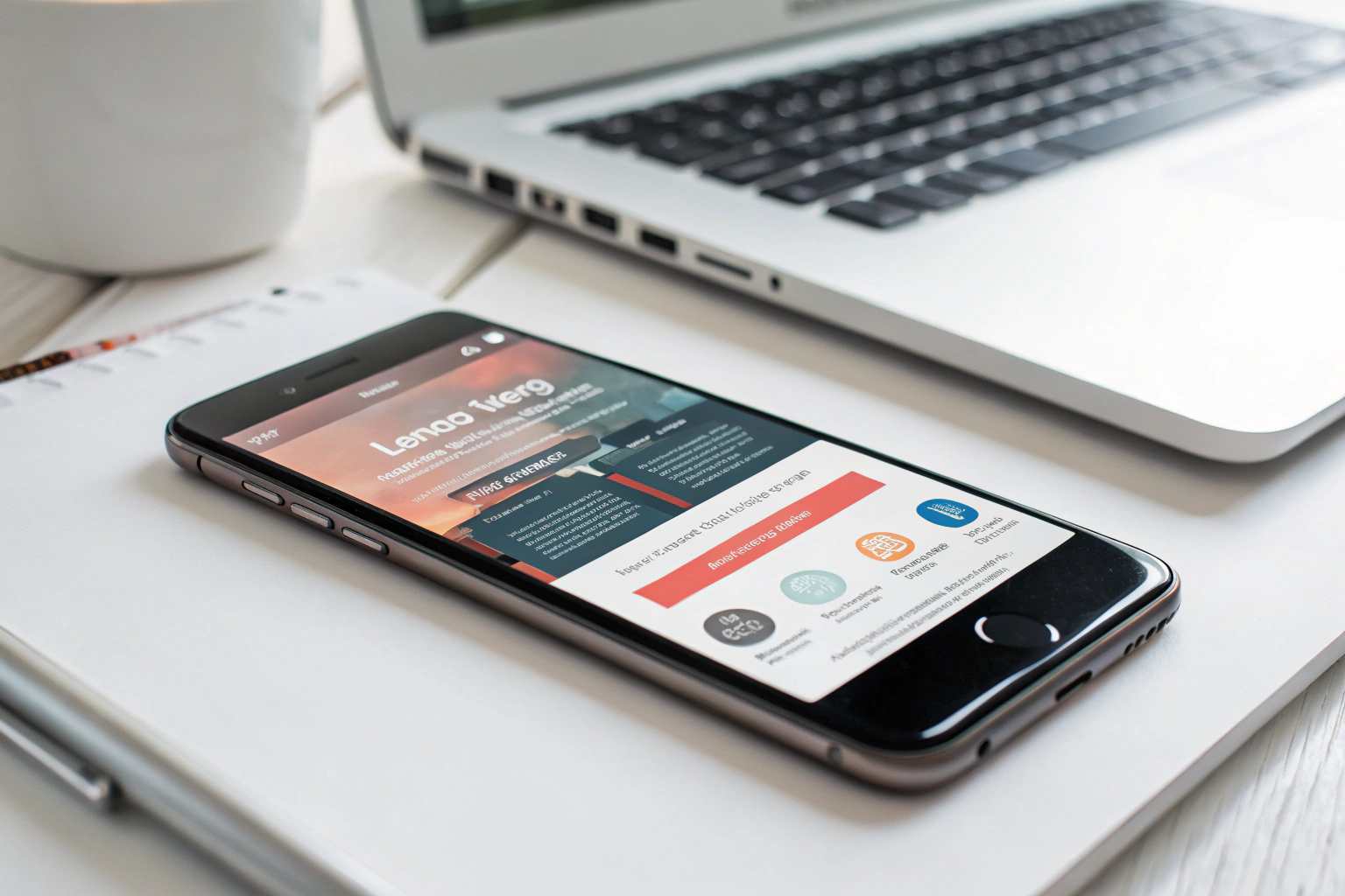 Close-up of a smartphone screen showing a vibrant customized landing page with social media icons and a call-to-action button, placed on a minimalistic workspace. Soft lighting accentuates the display, emphasizing the clarity and design of the page.