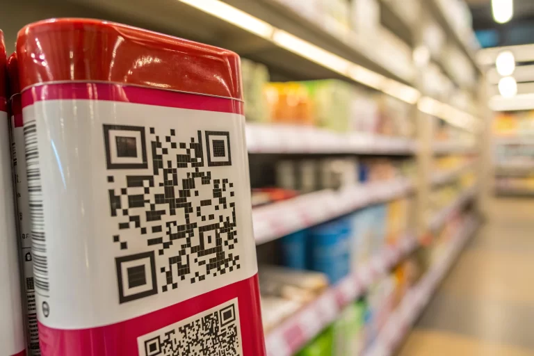 A central QR code on glossy product packaging in a retail setting, surrounded by blurred shelves. The code is brightly lit and inviting, emphasizing an engaging shopping experience.