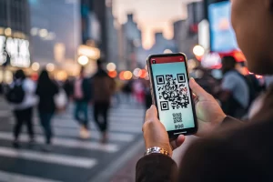 A smartphone scanning a vibrant QR code with a blurred cityscape in the background. The code is vividly illuminated, showcasing modern technology and connectivity.