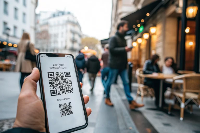 A smartphone with a QR code displayed on its screen, set against a vibrant urban café environment. The foreground is in sharp focus, highlighting the QR code's intricate design, while the background features blurred figures of people in a lively café setting.