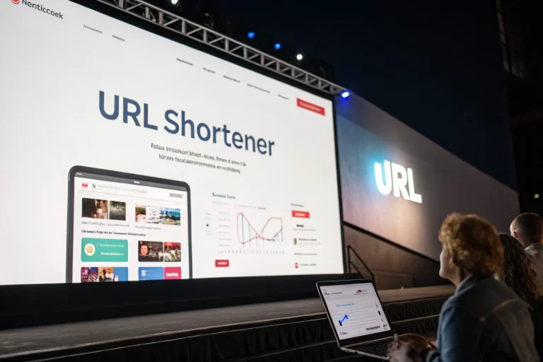 A large digital screen displaying a modern URL shortener tool interface, showcasing a branded short link generation with analytics and tracking features, emphasizing advanced technology and innovation.