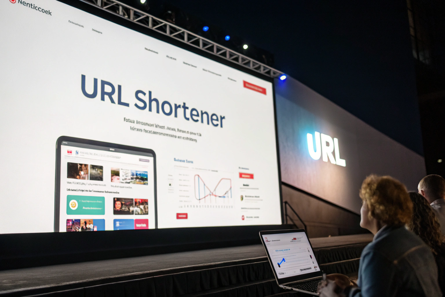 A large digital screen displaying a modern URL shortener tool interface, showcasing a branded short link generation with analytics and tracking features, emphasizing advanced technology and innovation.