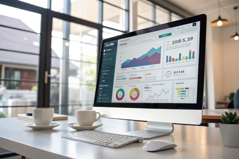 A vibrant digital marketing dashboard showcasing a branded short link, complete with charts and graphs for link analytics, in a modern workspace.