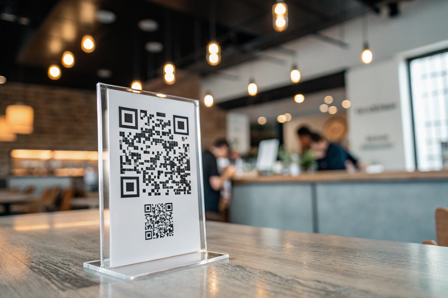 A close-up of a dynamic QR code in a minimalistic design, surrounded by a blurred background of a stylish café or urban workspace, highlighted by soft lighting to indicate modern technology.