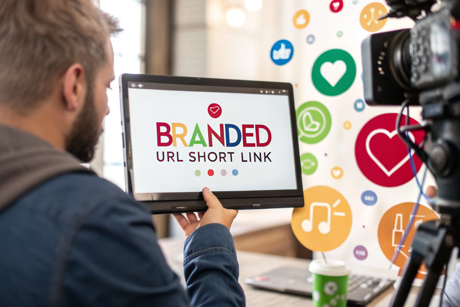 A digital screen featuring a prominently displayed branded URL short link amidst a vibrant social media post interface, surrounded by colorful social media icons and stylized digital graphics, emphasizing its importance in online engagement.