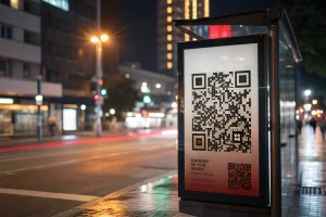 A prominent QR code on a sleek billboard against a blurred urban backdrop filled with vibrant city lights.