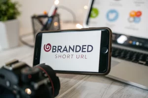 Close-up of a smartphone screen showing a colorful branded short URL, set in a digital marketing context with social media icons in the background.