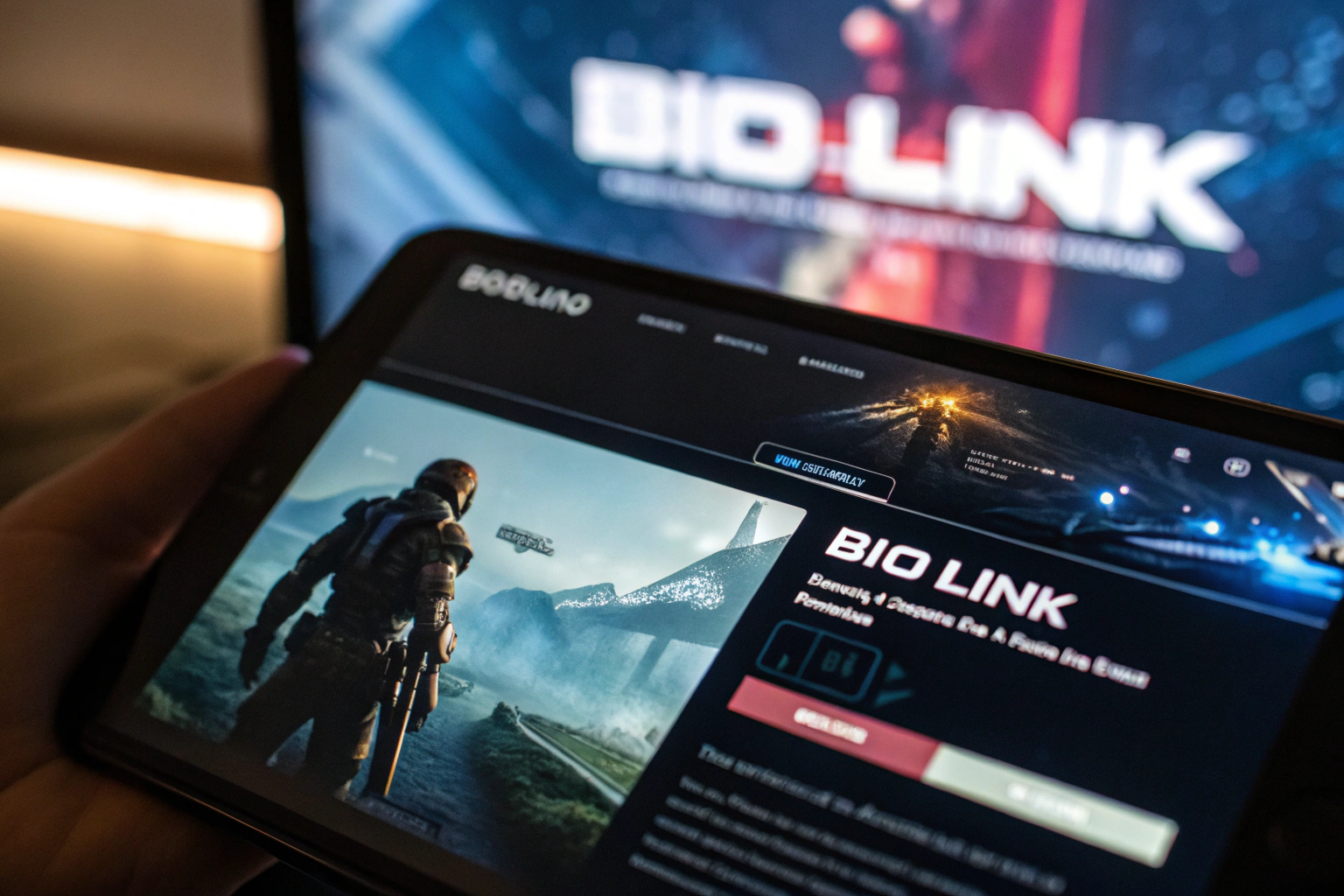 Close-up view of a mobile screen showing a modern and colorful bio link landing page interface against a futuristic tech environment.