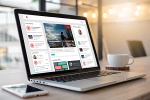 Digital marketing bio page interface on a laptop, featuring interactive links, social media icons, and widgets in a modern design, with a user navigating the interface.