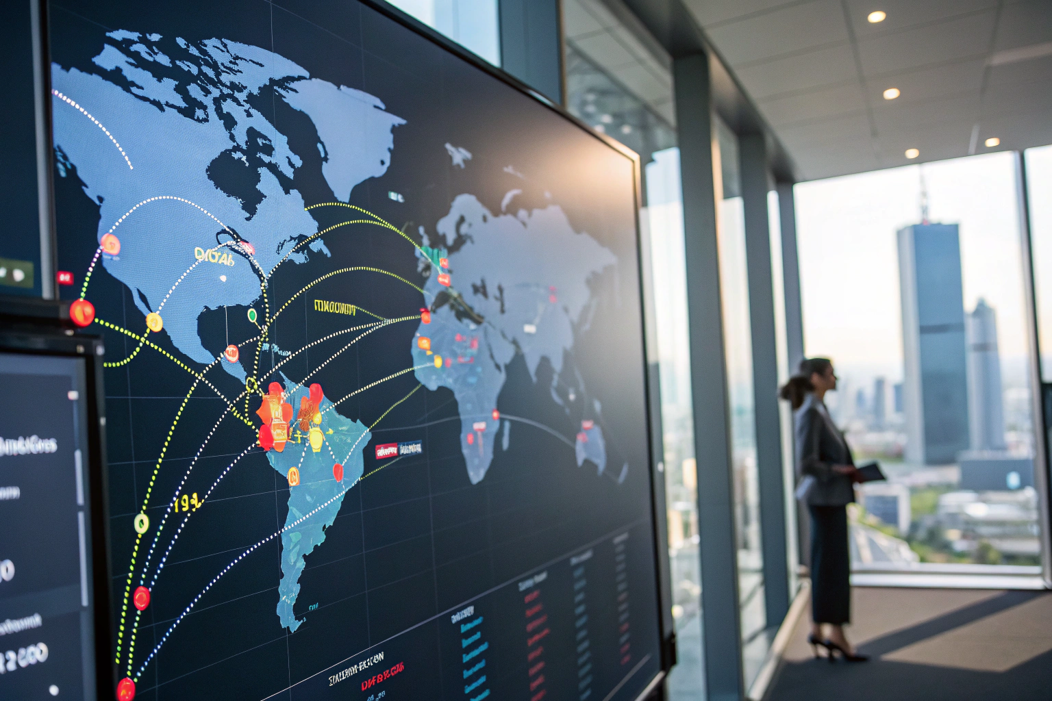 Cinematic digital map displaying vibrant data points and connections in a high-tech environment, symbolizing precision in digital marketing geotargeting.