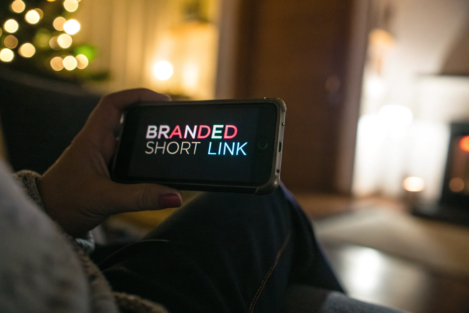 A close-up of a mobile phone screen showing a glowing branded short link in a dimly-lit room, with a blurred background and soft lighting that creates a welcoming atmosphere.