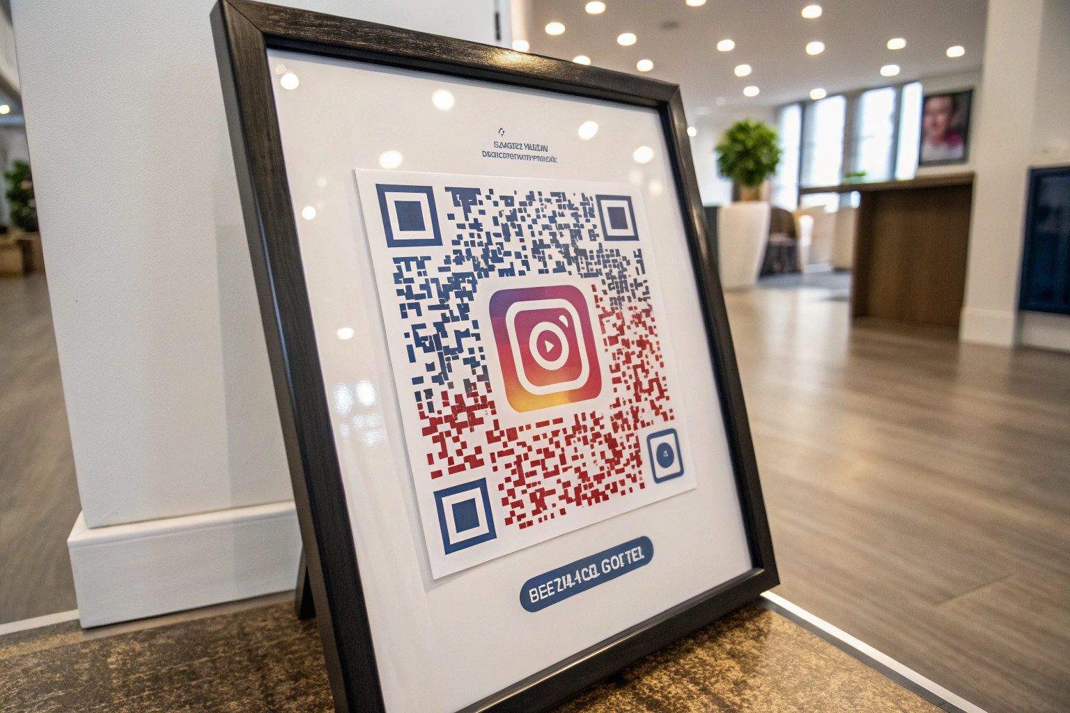 A framed advertisement showcasing a colorful QR code with a logo, set against a minimalistic background, promoting an online platform with a sense of curiosity and modernity.