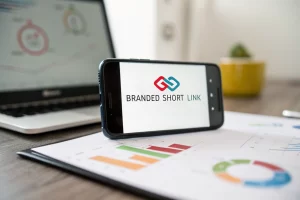A close-up of a smartphone screen displaying a branded short link, set against a blurred digital marketing background with tracking and analytics icons. The image is vibrant and modern, emphasizing the importance of link management.