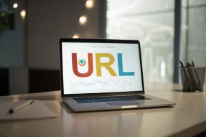 A computer screen displaying a URL shortening service interface with a clean shortened link highlighted in vibrant colors, surrounded by a softly glowing background of digital analytics data charts in a minimalist workspace.
