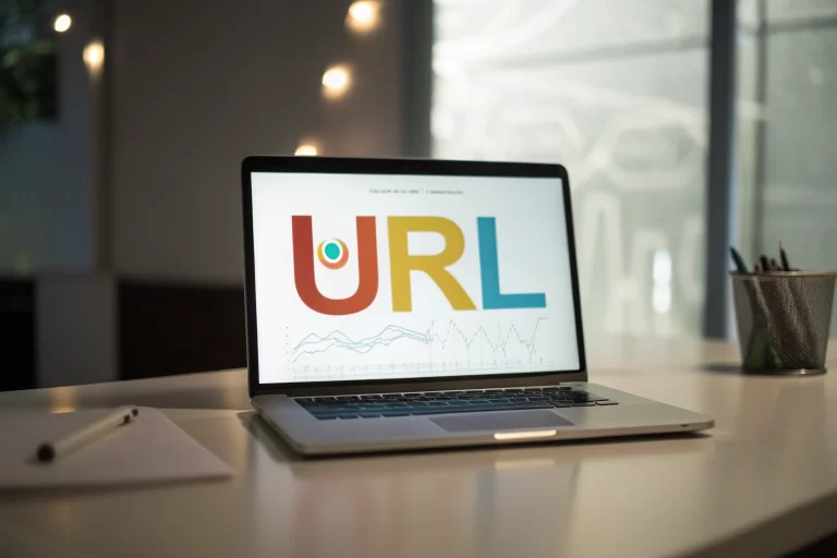 A computer screen displaying a URL shortening service interface with a clean shortened link highlighted in vibrant colors, surrounded by a softly glowing background of digital analytics data charts in a minimalist workspace.