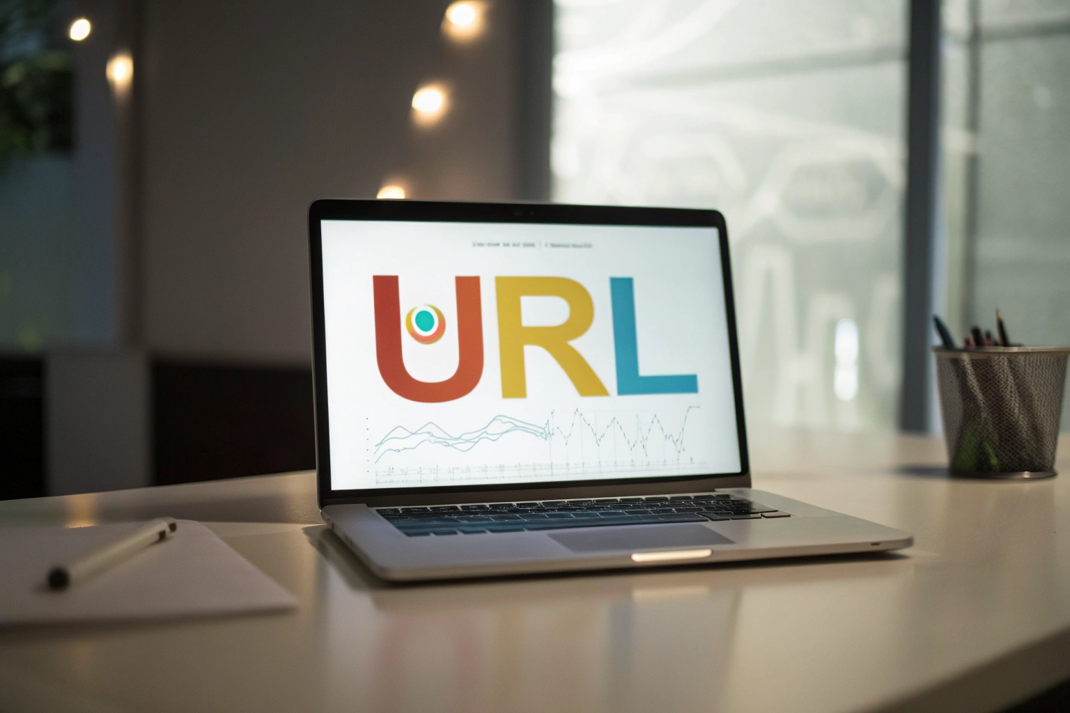 A computer screen displaying a URL shortening service interface with a clean shortened link highlighted in vibrant colors, surrounded by a softly glowing background of digital analytics data charts in a minimalist workspace.