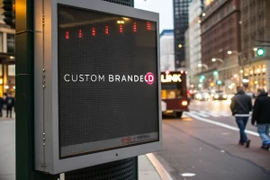 Digital billboard in a busy urban environment displaying a custom branded link with clear branding elements, highlighted by backlighting, emphasizing modern marketing.