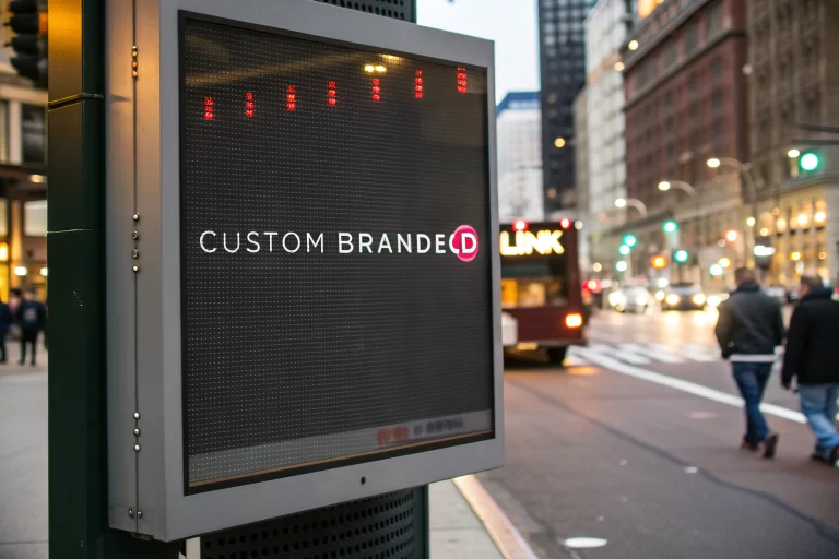 Digital billboard in a busy urban environment displaying a custom branded link with clear branding elements, highlighted by backlighting, emphasizing modern marketing.