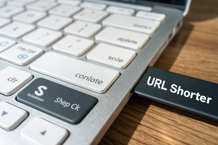 An extreme close-up of a URL shortener interface in a digital workspace, highlighting the process of converting a long URL into a short, branded link. The interface includes details such as click tracking numbers and customization features, exuding a sense of precision and efficiency in a modern design.