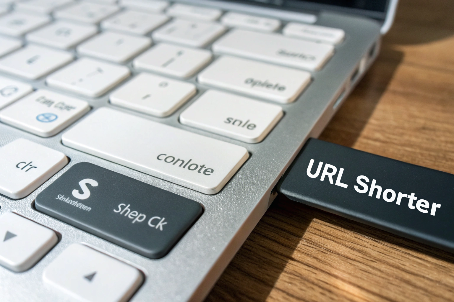 An extreme close-up of a URL shortener interface in a digital workspace, highlighting the process of converting a long URL into a short, branded link. The interface includes details such as click tracking numbers and customization features, exuding a sense of precision and efficiency in a modern design.