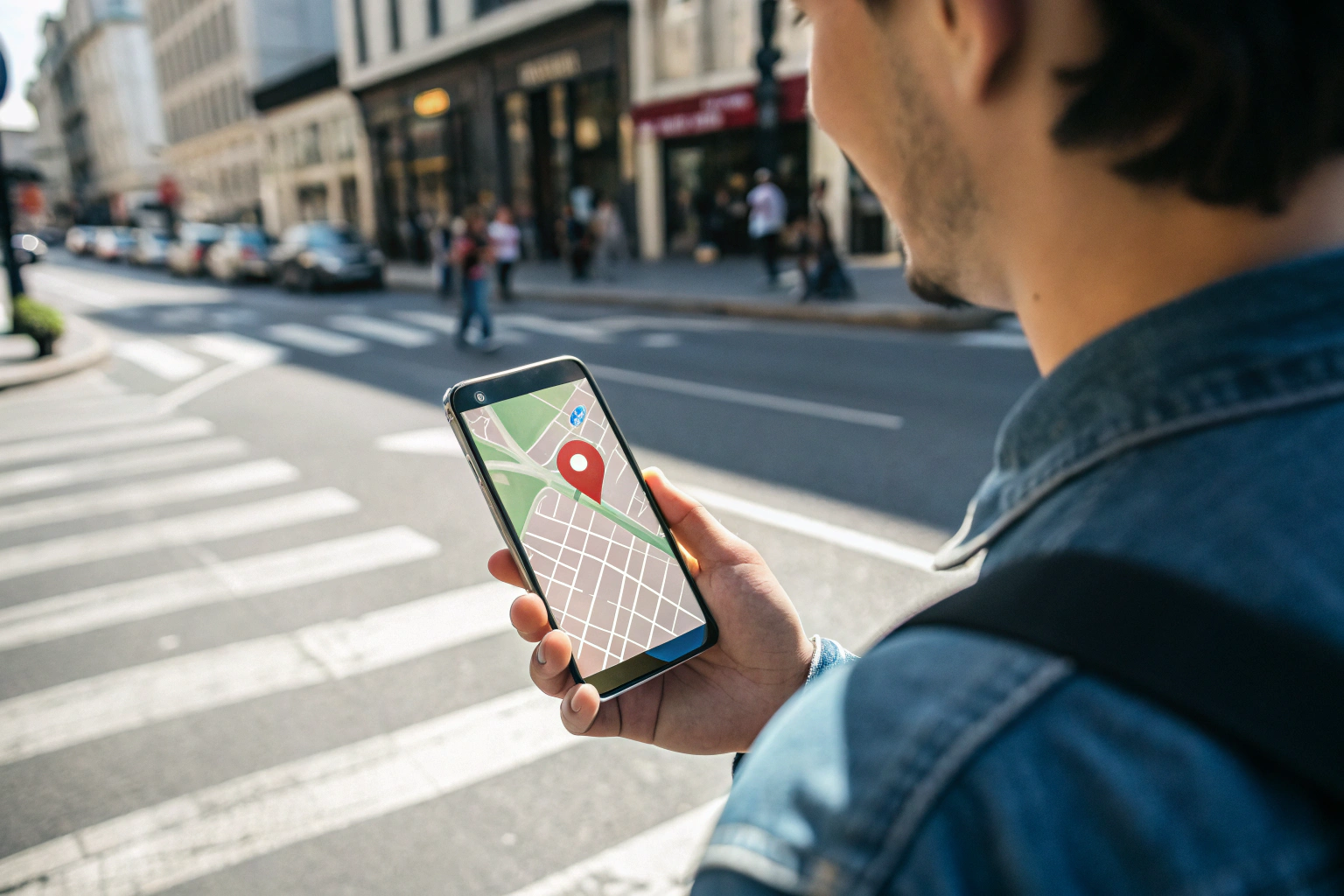 Smartphone displaying a digital map with a highlighted location pin, held by a casual-dressed person in a busy urban street scene. The background is blurred with pedestrians and storefronts, emphasizing the smartphone and map details.