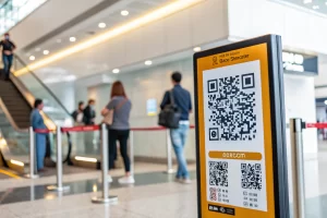A sharp-focus QR code set against a blurred modern digital backdrop, illustrating its role as a connection point to online content.