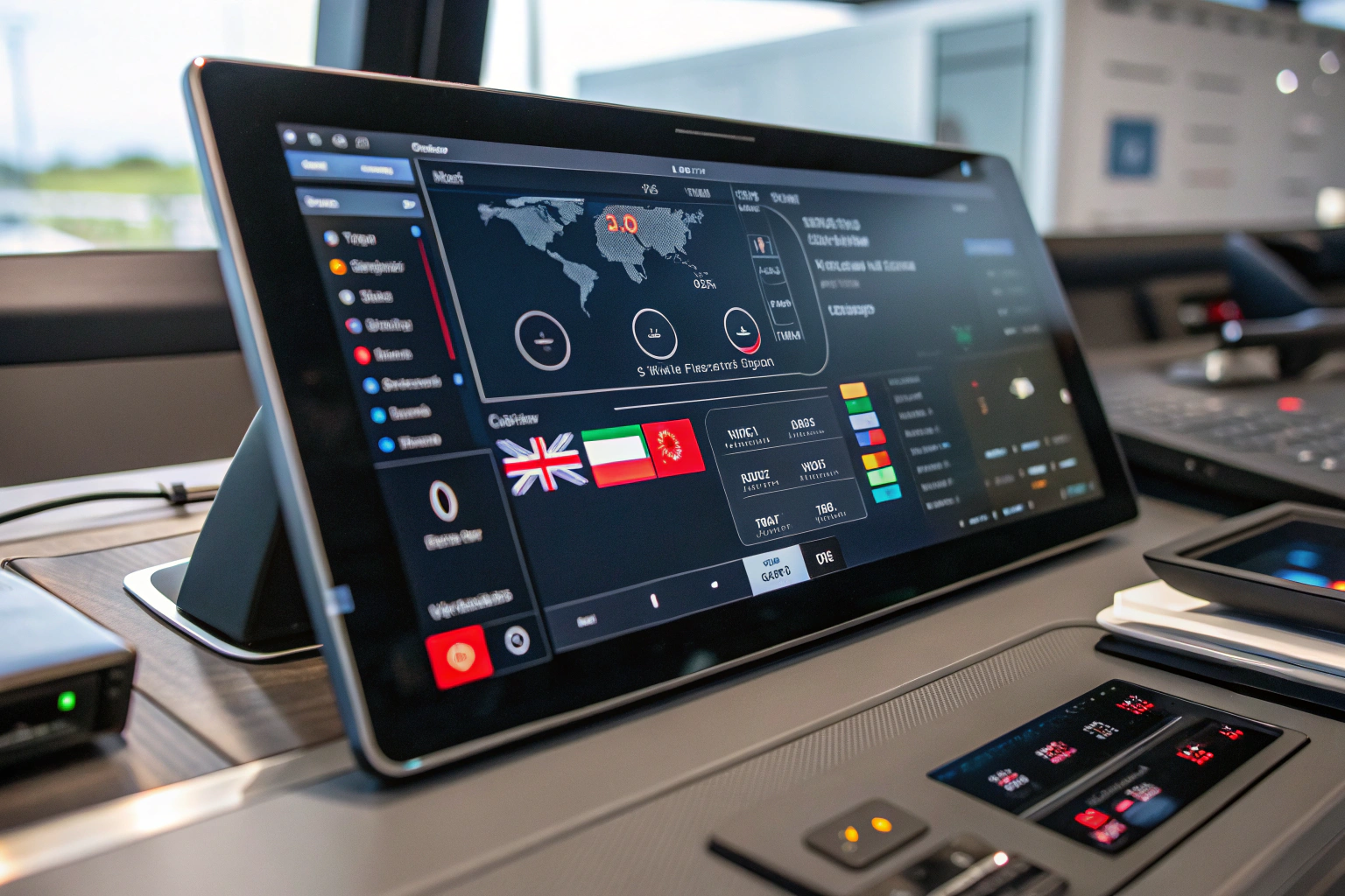 A vibrant digital dashboard displaying a geotargeting and device-based URL redirect interface, illuminated by atmospheric backlighting. The screen features country flags and device icons, set on a modern office desk with a blurred background, emphasizing a technology-driven and globally connected environment.