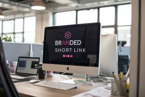 A marketer's desktop showcasing a branded short link on the screen, surrounded by digital tools in a modern office setup with soft lighting.