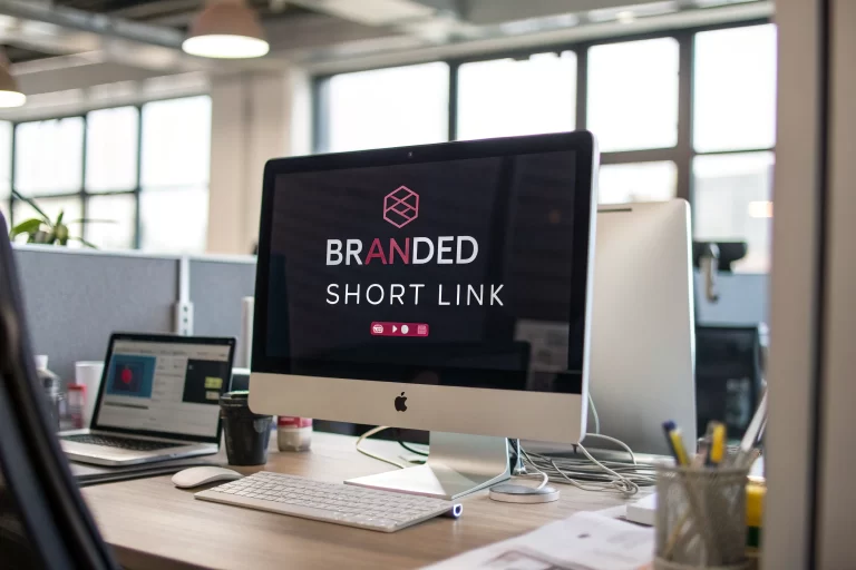 A marketer's desktop showcasing a branded short link on the screen, surrounded by digital tools in a modern office setup with soft lighting.