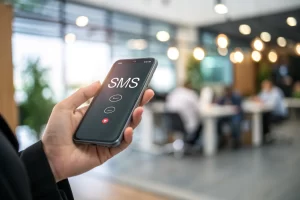 A user holding a sleek smartphone displaying an incoming SMS notification, with a modern, softly lit business environment blurred in the background.